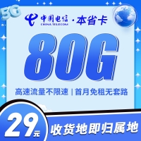 卡世界电信本省卡29元80G收货地即归属地