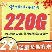 卡世界电信千红卡29元225G+100分钟