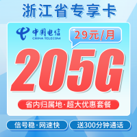 电信浙江卡29元205G全国流量+300分钟+浙江省专属！