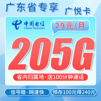 电信广悦卡29元205G全国流量+100分钟+广东专属！