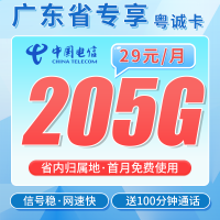 电信粤诚卡29元205G全国流量+100分钟+广东专属！