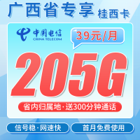 电信桂西卡39元205G全国流量+300分钟+广西专属！