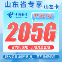 电信山左卡39元205G全国流量+长期套餐+山东专属！