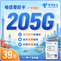 电信粤旺卡39元205G全国流量+100分钟+广东专属！