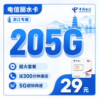 电信丽水卡29元205G全国流量+300分钟+浙江专属！