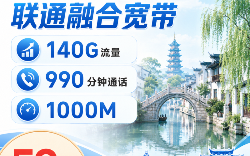 苏州宽带联通59元享1000Mbps+140G+990分钟+苏州专属