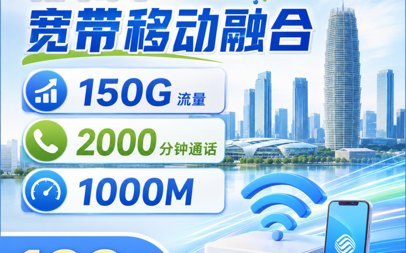 郑州市宽带移动融合100元享1000Mbps+150G+2000分钟+郑州专属