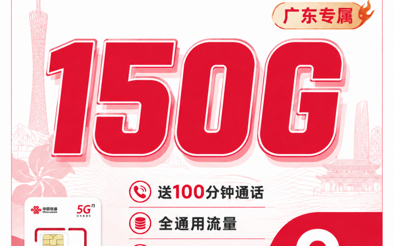 联通潮人卡9元150G+100分钟+广东省专属！