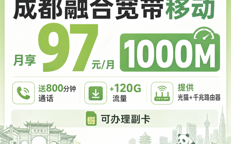 成都市宽带移动97元每月享1000Mbps